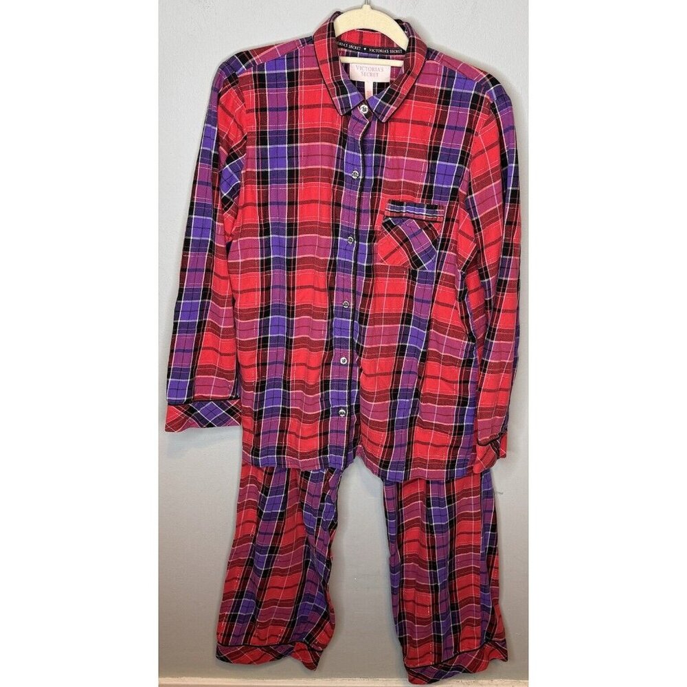 Victoria Secret Pajama Set Medium Plaid Red Long Sleeve Pants Christmas Holiday